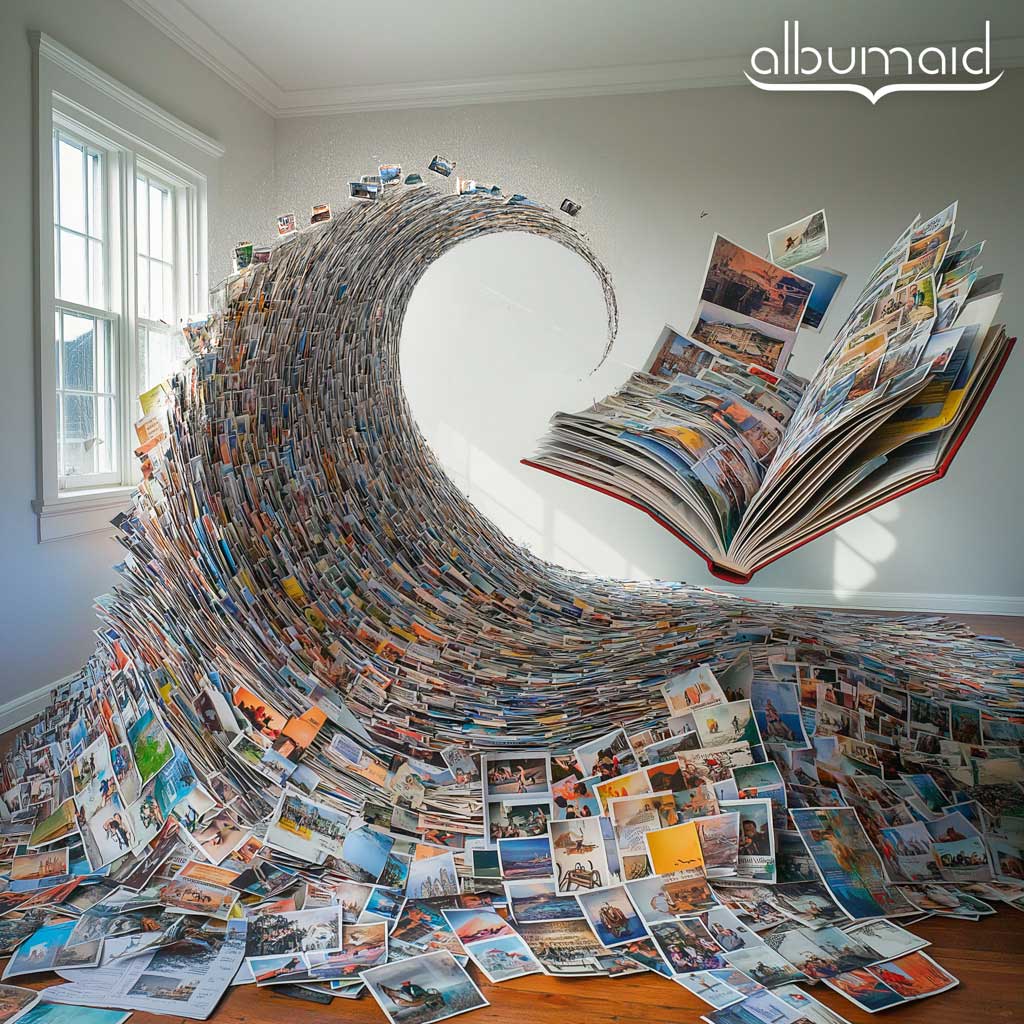 This image visualizes the process of automated photo album creation. A vast ocean of overlapping photographs symbolizes the overwhelming task of manually selecting images. A powerful wave of these photos transforms mid-air into a beautiful, open photobook, representing the effortless and swift service of automated album creation. The photobook soars like a bird, symbolizing freedom and speed. This artwork illustrates how automated tools can transform a chaotic collection of photos into a curated and treasured album.